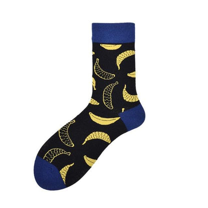 Stevvex crew socks with yellow banana print on black background, blue cuff, heel, and toe on Tampa Home & Garden Store