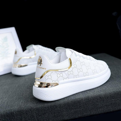 Stevvex white women's sneakers with gold heel accents, thick platform sole and lace-up design on Tampa Home & Garden Store