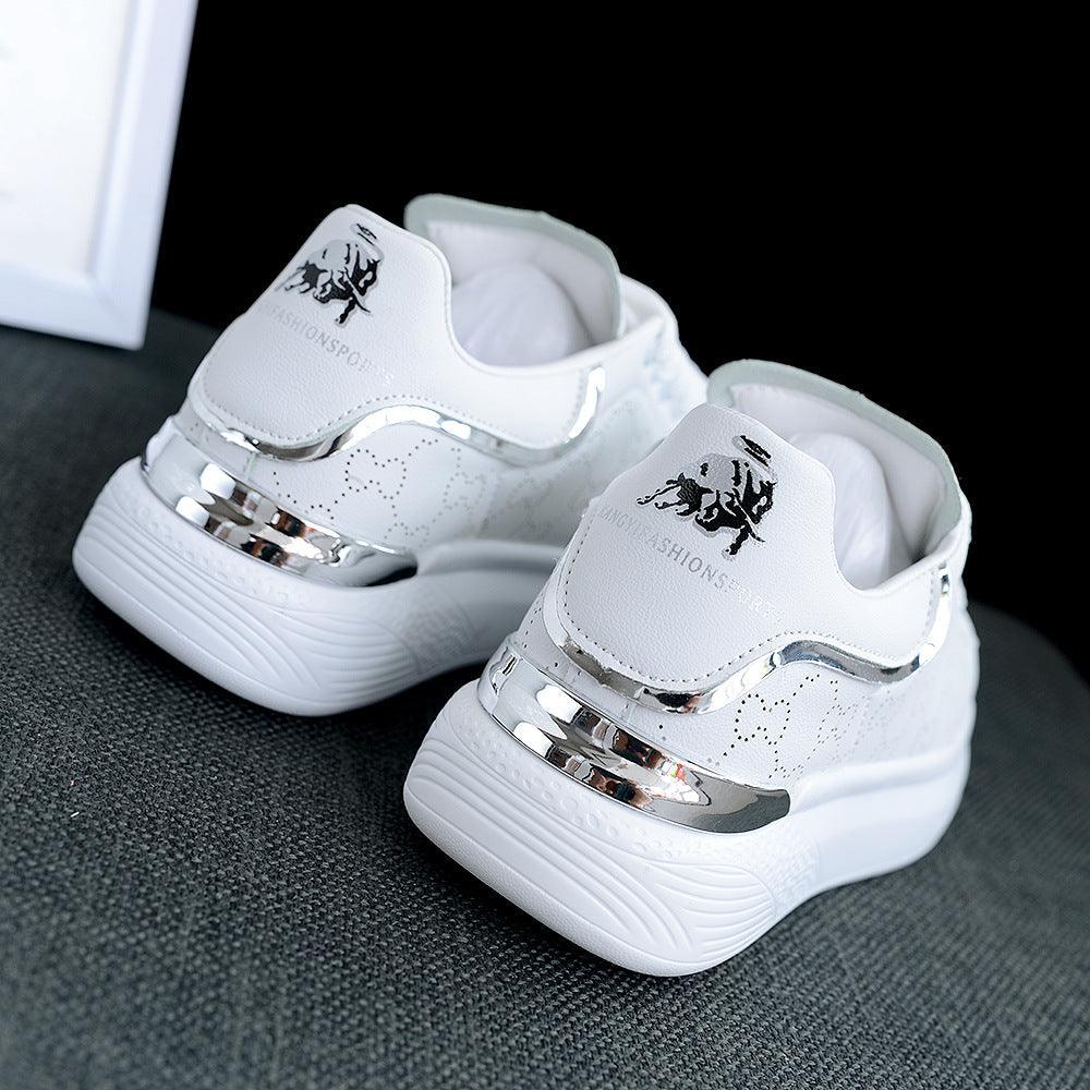 Stevvex women's white sneakers with thick sole and silver heel band, breathable laceup trainers on Tampa Home & Garden Store