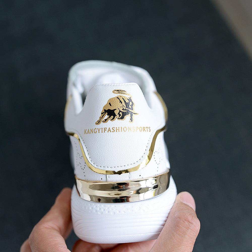 Stevvex white sneakers with gold heel and logo, breathable casual trainer with thick sole on Tampa Home & Garden Store