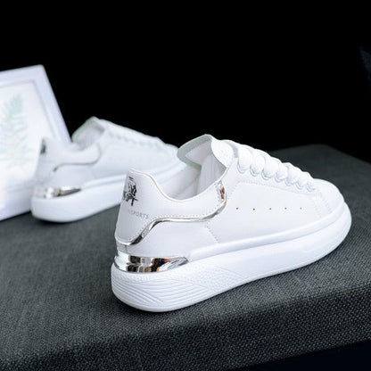 Stevvex white sneakers with thick sole, lace-up casual sports shoes, metallic heel accent on Tampa Home & Garden Store