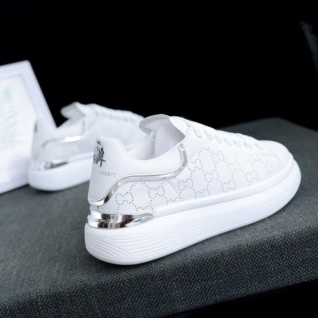 Stevvex ST85SH5455SAB white sneakers with thick platform sole, lace-up, metallic heel trim on Tampa Home & Garden Store