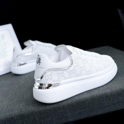 Stevvex ST85SH5455SAB white sneakers with thick platform sole, lace-up, metallic heel trim on Tampa Home & Garden Store