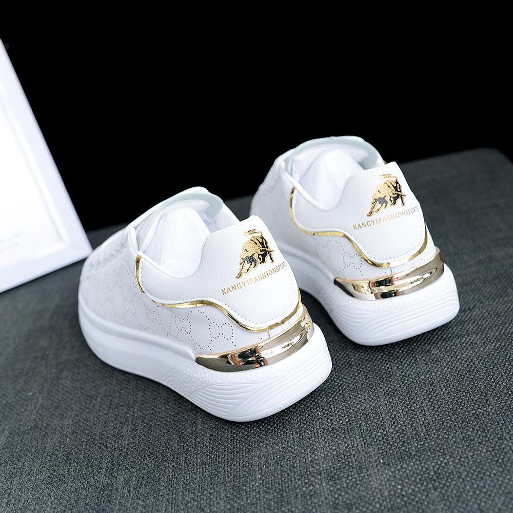 Stevvex white sneakers pair featuring a gold metallic heel band and thick platform sole on Tampa Home & Garden Store