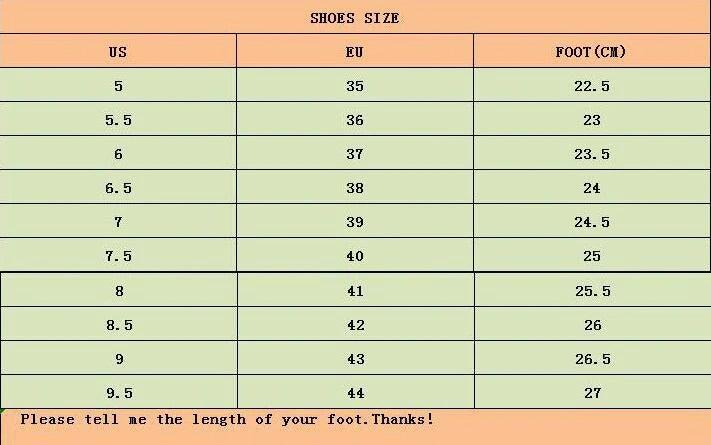 Stevvex sneakers size chart showing US 5-9.5, EU 35-44, foot length 22.5-27 cm on Tampa Home & Garden Store
