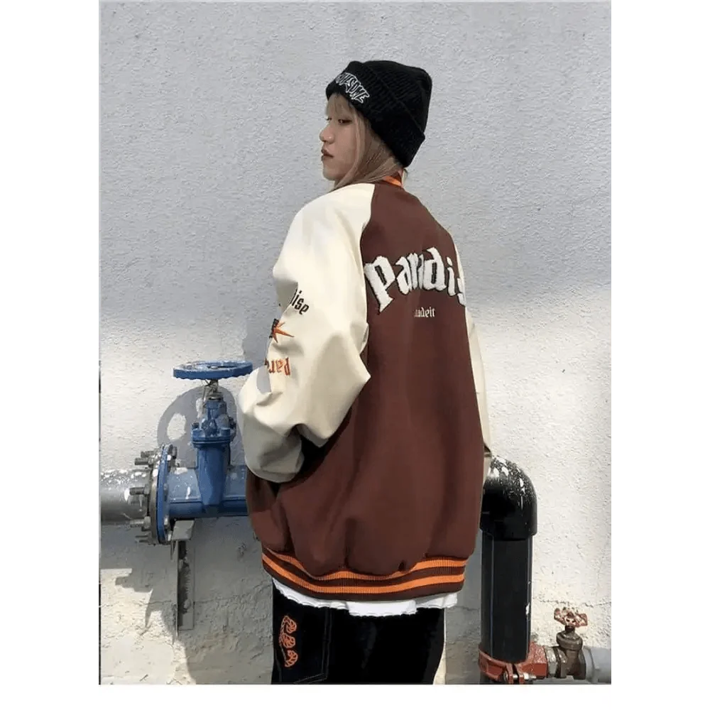 Stevvex varsity jacket color-block brown cream with orange rib cuffs worn by model on Tampa Home & Garden Store