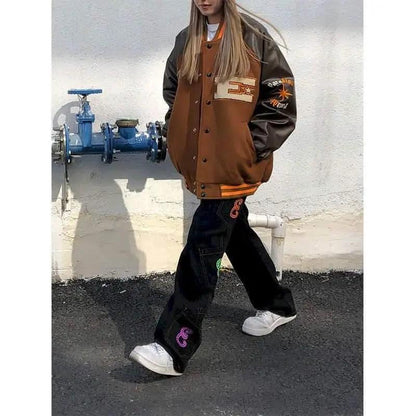 Stevvex varsity jacket ST93311JKL brown body black sleeves color-block patches unisex streetwear on Tampa Home & Garden Store