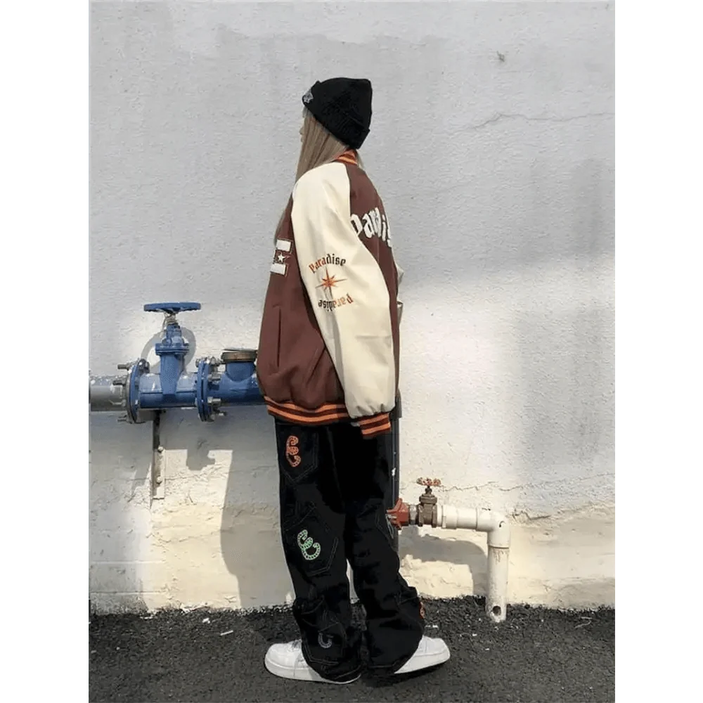 Stevvex varsity jacket brown cream color-block patches unisex streetwear coat with orange trim on Tampa Home & Garden Store
