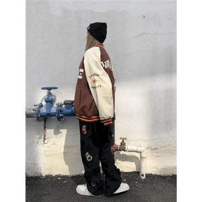 Stevvex varsity jacket brown cream color-block patches unisex streetwear coat with orange trim on Tampa Home & Garden Store