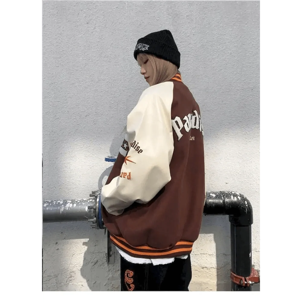 Stevvex color-block varsity jacket brown body cream sleeves bone patchwork streetwear coat on Tampa Home & Garden Store