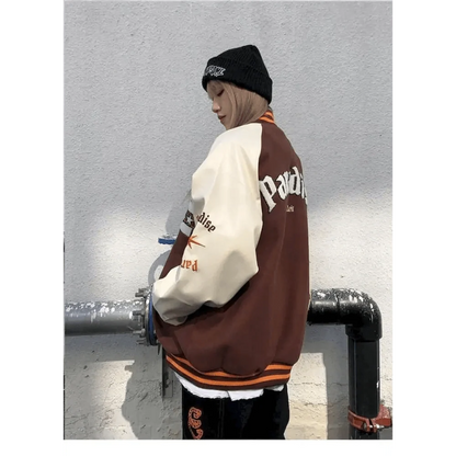 Stevvex color-block varsity jacket brown body cream sleeves bone patchwork streetwear coat on Tampa Home & Garden Store