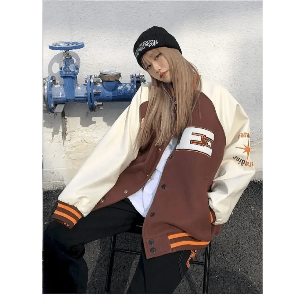 Stevvex varsity jacket color-block brown body with cream sleeves and chest patch on Tampa Home & Garden Store