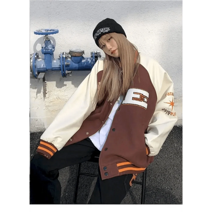 Stevvex varsity jacket color-block brown body with cream sleeves and chest patch on Tampa Home & Garden Store