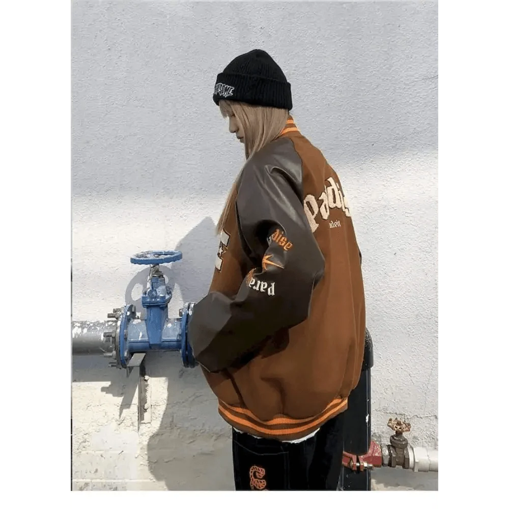 Stevvex varsity jacket brown gray color-block with orange trim and furry bone patchwork on Tampa Home & Garden Store