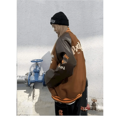 Stevvex varsity jacket brown gray color-block with orange trim and furry bone patchwork on Tampa Home & Garden Store