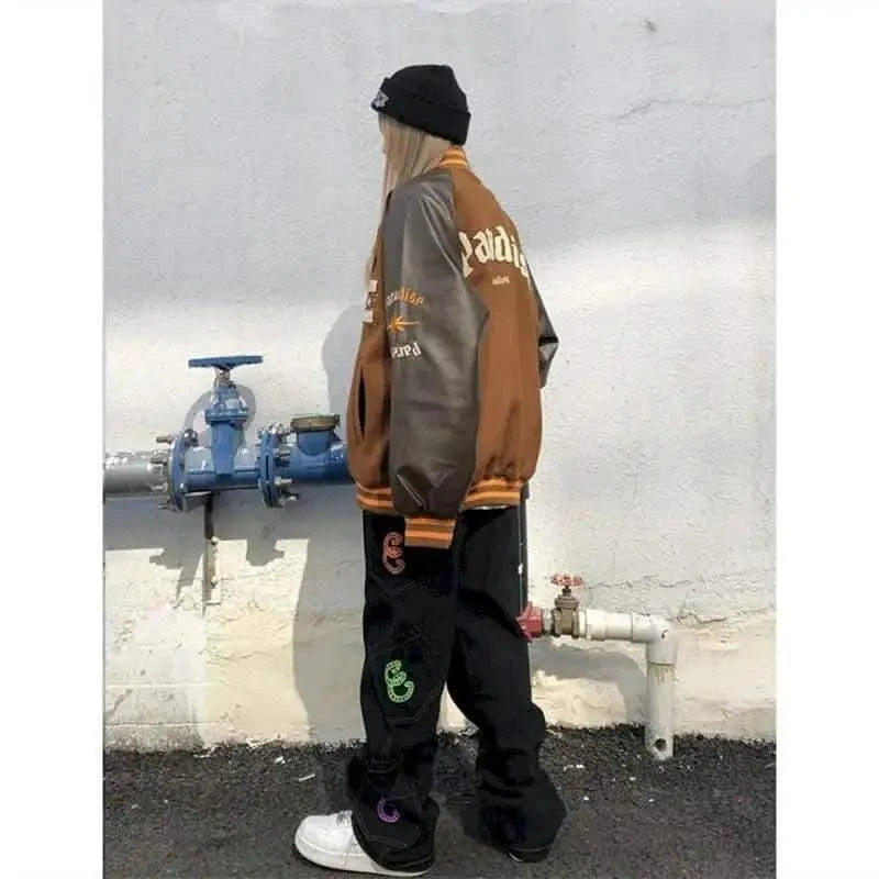 Stevvex varsity jacket brown and gray color-block with furry bone patches unisex streetwear coat on Tampa Home & Garden Store