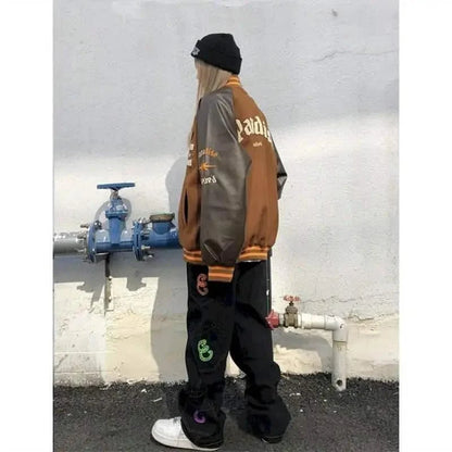 Stevvex varsity jacket brown and gray color-block with furry bone patches unisex streetwear coat on Tampa Home & Garden Store