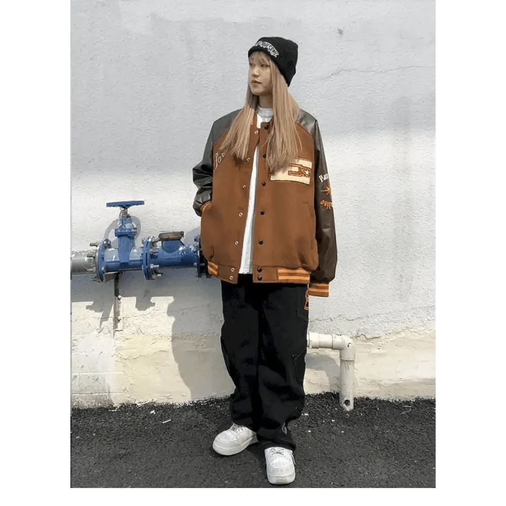 Stevvex varsity jacket color block brown gray sleeves patchwork pocket unisex streetwear on Tampa Home & Garden Store