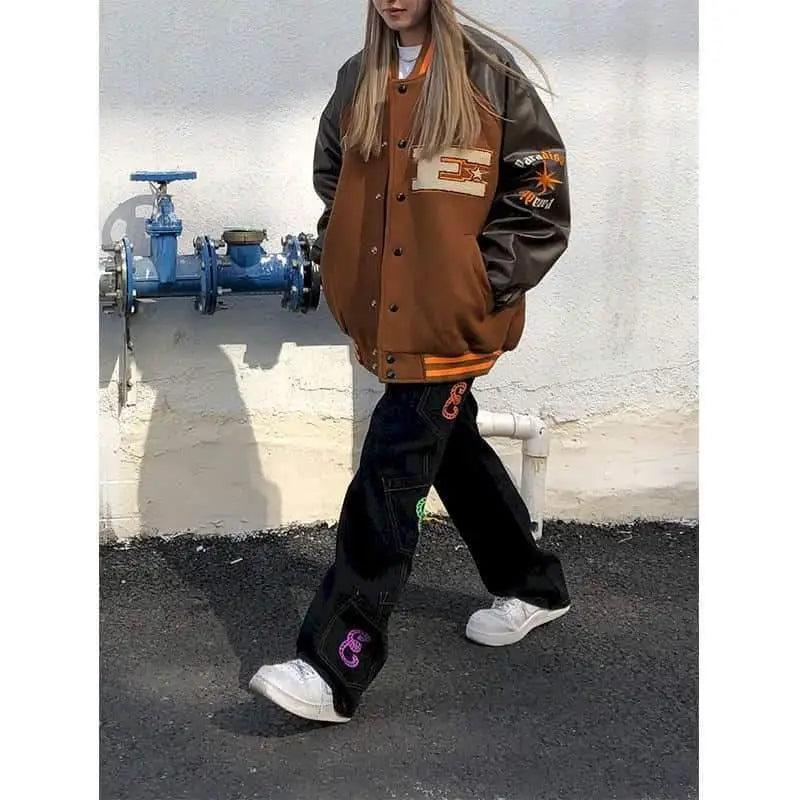 Stevvex varsity jacket brown body black sleeves with furry bone patches unisex streetwear on Tampa Home & Garden Store
