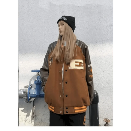 Stevvex varsity jacket brown body, gray sleeves, color-block furry patchwork, streetwear coat on Tampa Home & Garden Store
