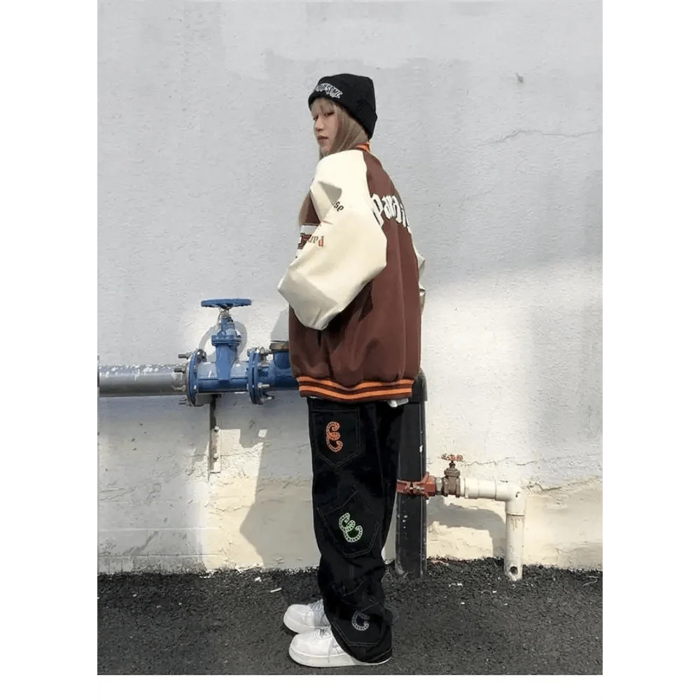 Stevvex varsity jacket color-block furry bone patchwork brown body cream sleeves orange trim on Tampa Home & Garden Store