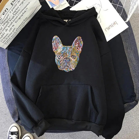Stevvex black oversized hoodie with colorful French Bulldog print on front kangaroo pocket on Tampa Home & Garden Store