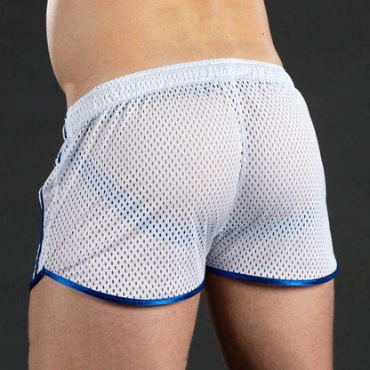 Stevvex men's mesh running shorts white grid, quick-dry, blue trim on Tampa Home & Garden Store
