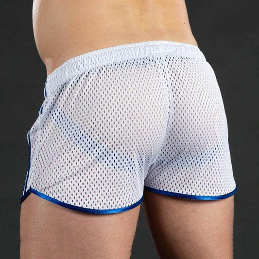 Stevvex men's mesh running shorts white grid, quick-dry, blue trim on Tampa Home & Garden Store
