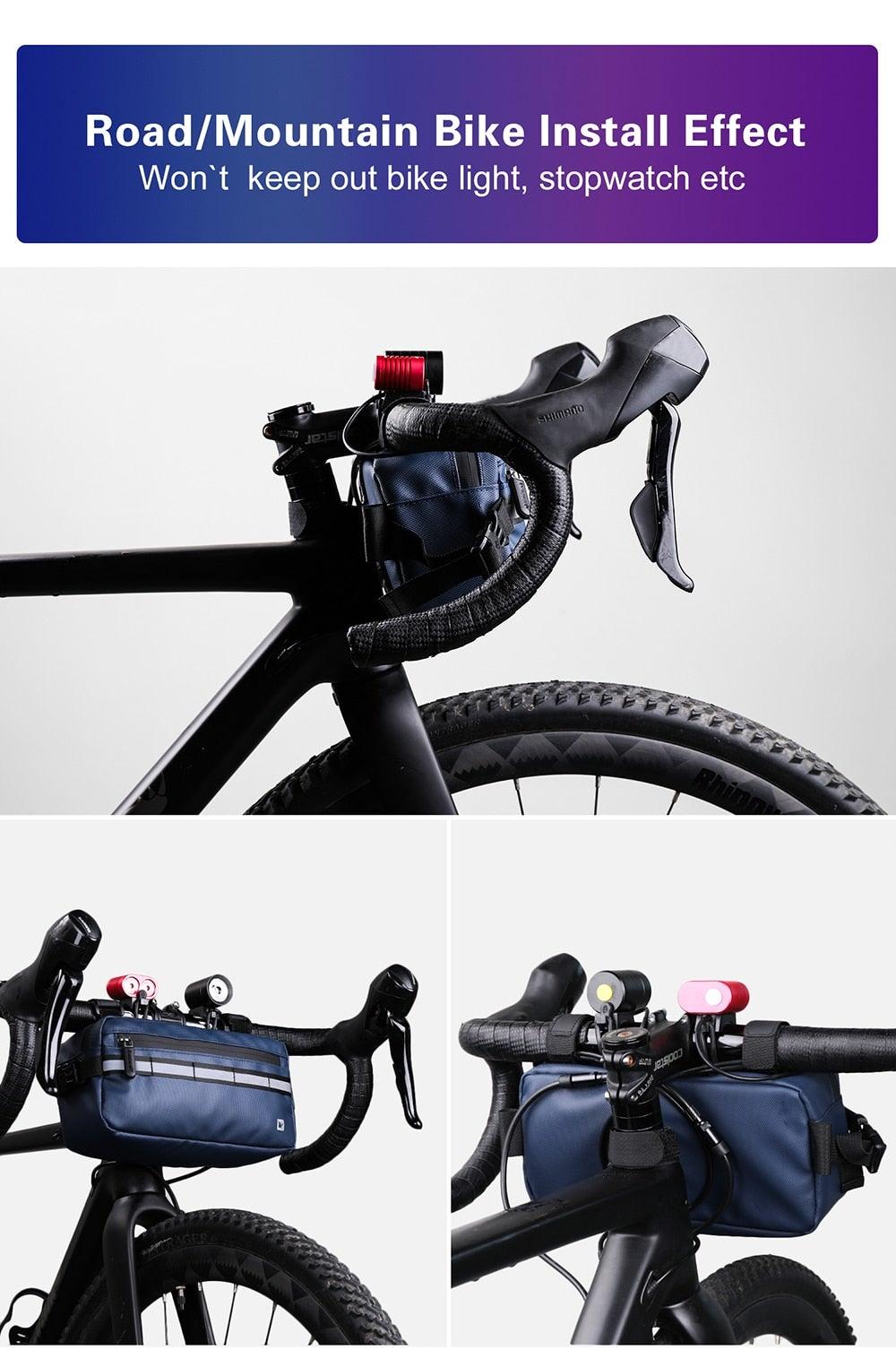 Stevvex ST90SP880XXW waterproof handlebar bag, navy blue, mounted on bicycle front with accessories on Tampa Home & Garden Store