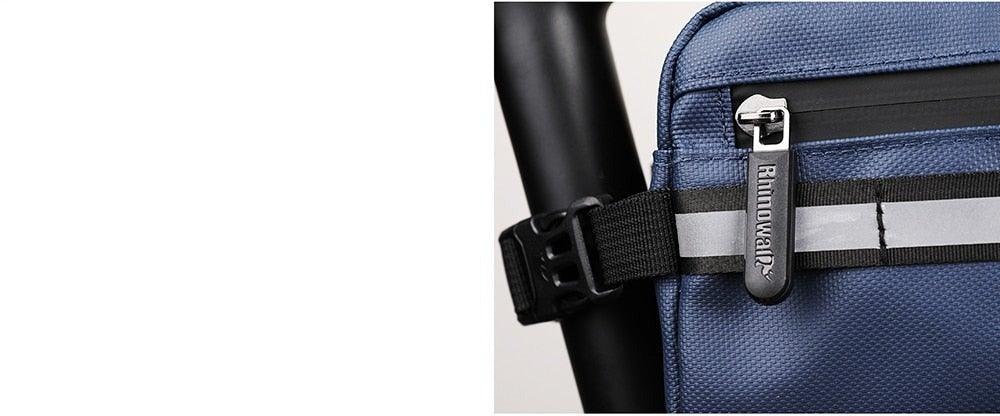 Waterproof handlebar frame bag by Stevvex, blue fabric with reflective strap and zip pull on Tampa Home & Garden Store
