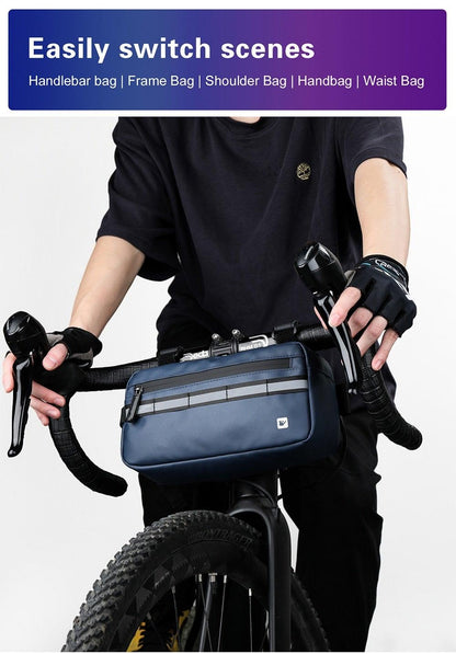 Waterproof handlebar bag for bicycle frame by Stevvex, navy blue with gray accents on Tampa Home & Garden Store
