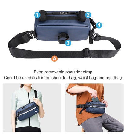Stevvex waterproof bicycle frame bag in navy with removable shoulder strap, waist bag on Tampa Home & Garden Store