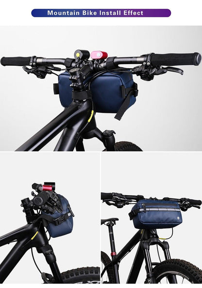 Waterproof handlebar bag by Stevvex, blue MTB frame bag mounted on handlebars with straps on Tampa Home & Garden Store