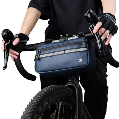 Waterproof handlebar bag Stevvex navy blue with reflective stripe, mounted on bicycle on Tampa Home & Garden Store