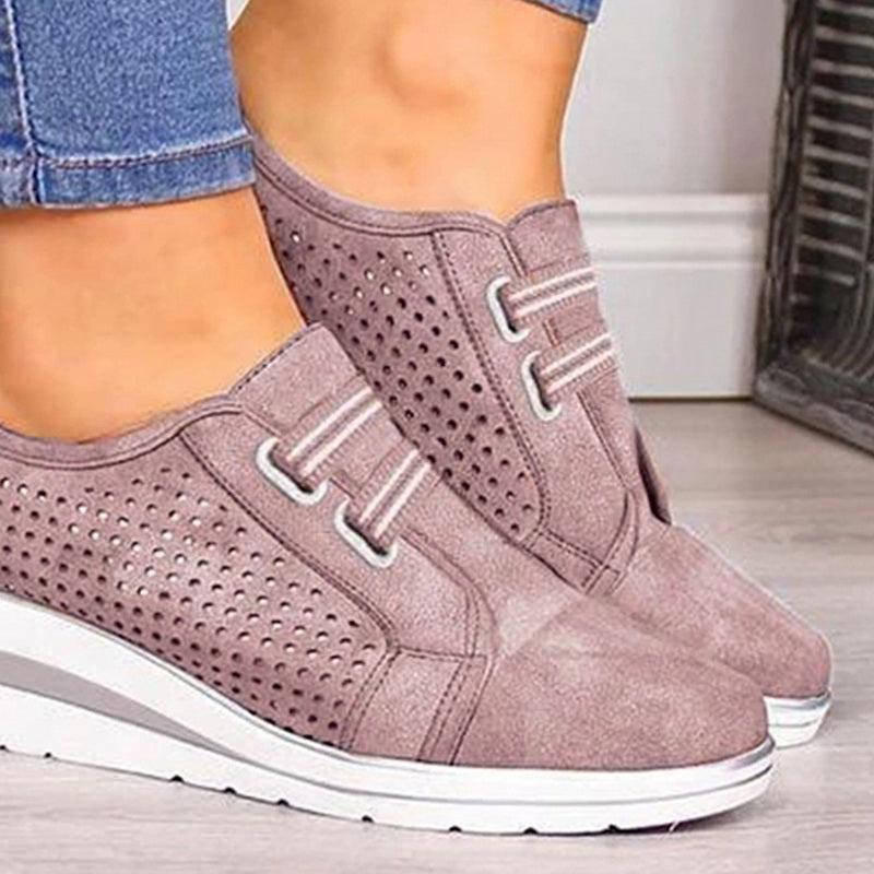 Stevvex women's mauve perforated leather sneakers with white air-cushioned sole on Tampa Home & Garden Store