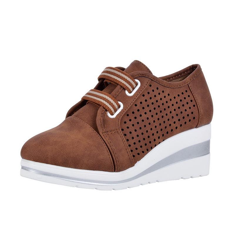 Stevvex brown perforated casual sneakers with wedge sole and double strap lacing for women on Tampa Home & Garden Store