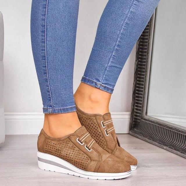 Stevvex brown perforated suede sneakers with wedge sole casual outdoor walking shoes on Tampa Home & Garden Store