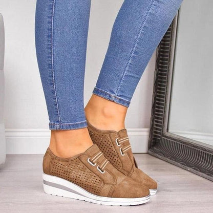Stevvex brown perforated suede sneakers with wedge sole casual outdoor walking shoes on Tampa Home & Garden Store