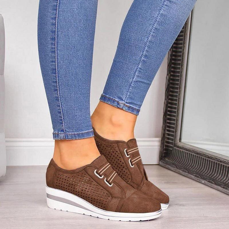 Stevvex brown perforated suede sneakers with white wedge sole lace-up casual walking shoes on Tampa Home & Garden Store
