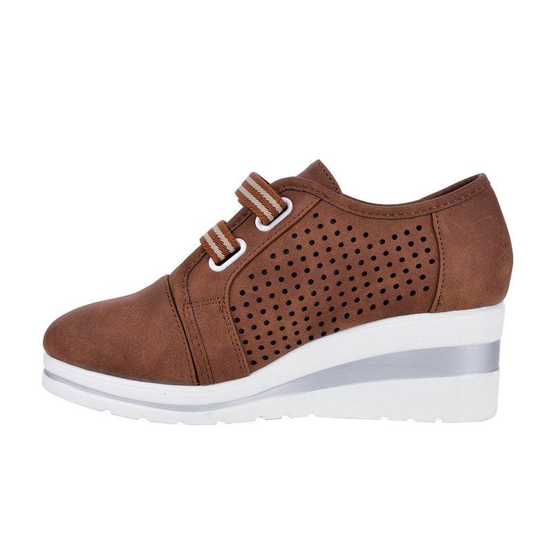 Stevvex women's brown perforated leather wedge sneakers with breathable air-cushioned sole on Tampa Home & Garden Store