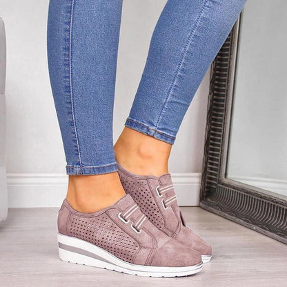 Stevvex pink mauve perforated suede sneakers with lace-up closure and white wedge air sole on Tampa Home & Garden Store