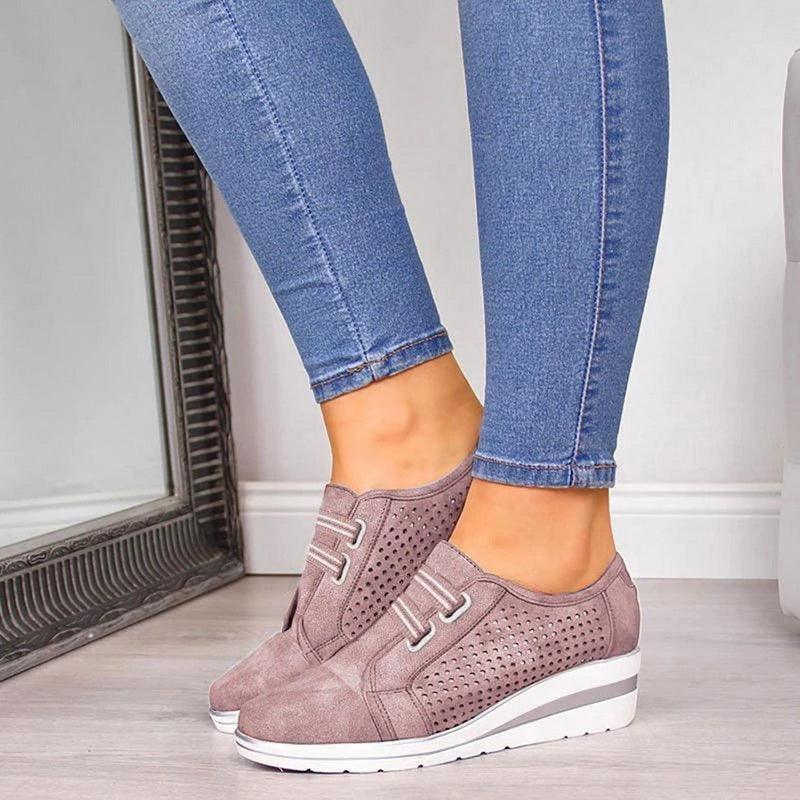 Stevvex wedge sneakers mauve suede upper perforated sides white air-cushioned sole for women on Tampa Home & Garden Store