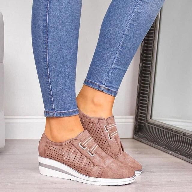 Womens sneakers taupe suede perforated with white wedge platform by Stevvex on Tampa Home & Garden Store