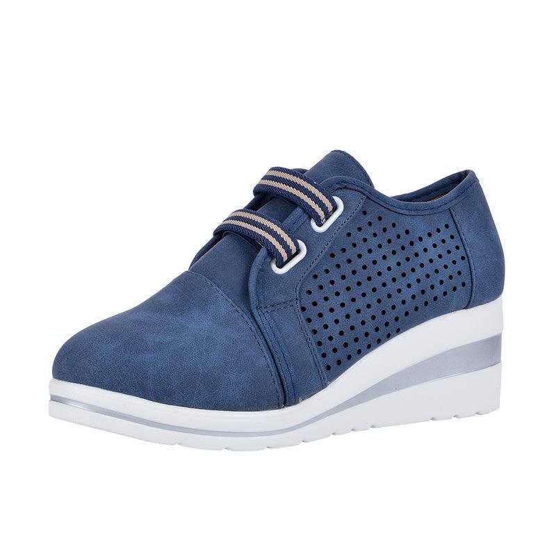 Stevvex blue perforated wedge sneakers with breathable upper and white air cushion sole on Tampa Home & Garden Store