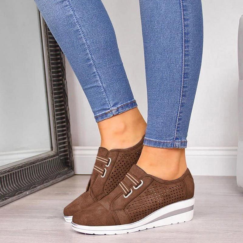 New High Heel Casual Women Sneakers brown perforated suede with air cushion sole by Stevvex on Tampa Home & Garden Store