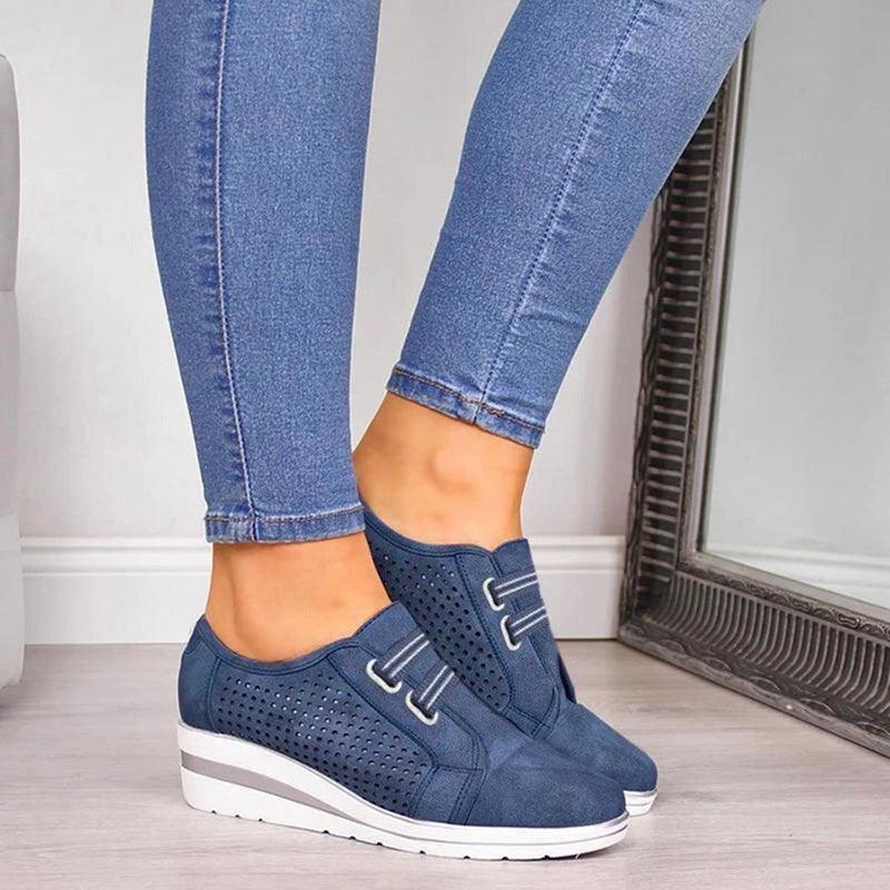 Stevvex blue perforated sneakers with white wedge sole, breathable casual walking shoes on Tampa Home & Garden Store