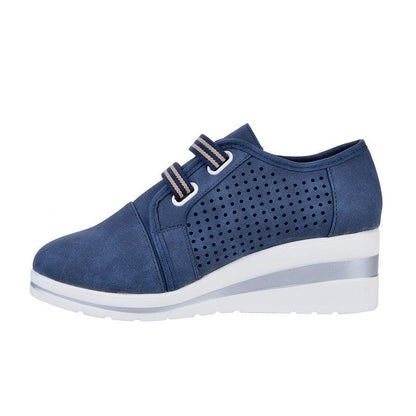 Stevvex blue perforated leather sneakers with wedge heel, breathable casual footwear on Tampa Home & Garden Store