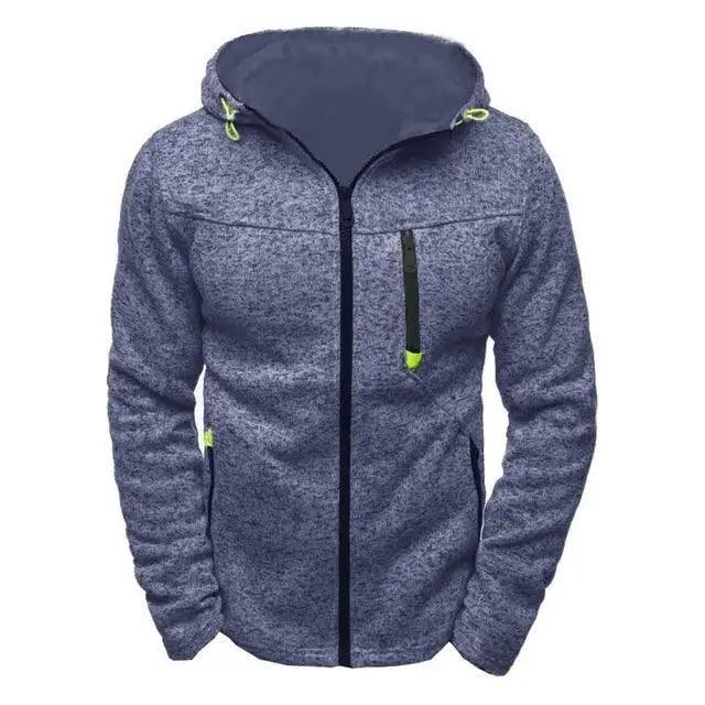 Stevvex men's hoodie jacket in blue heather fleece with zip front and lime accents on Tampa Home & Garden Store