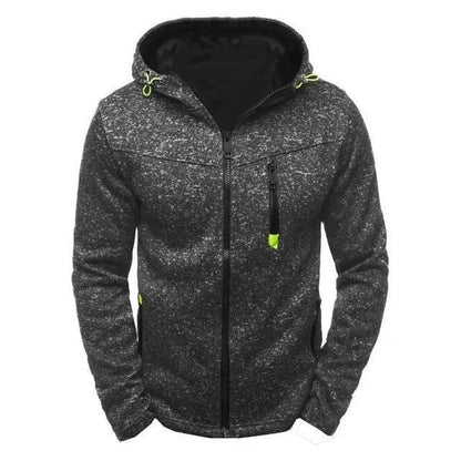Stevvex men's hoodie fleece jacket with speckled fabric, hooded front zip and neon zipper pulls on Tampa Home & Garden Store
