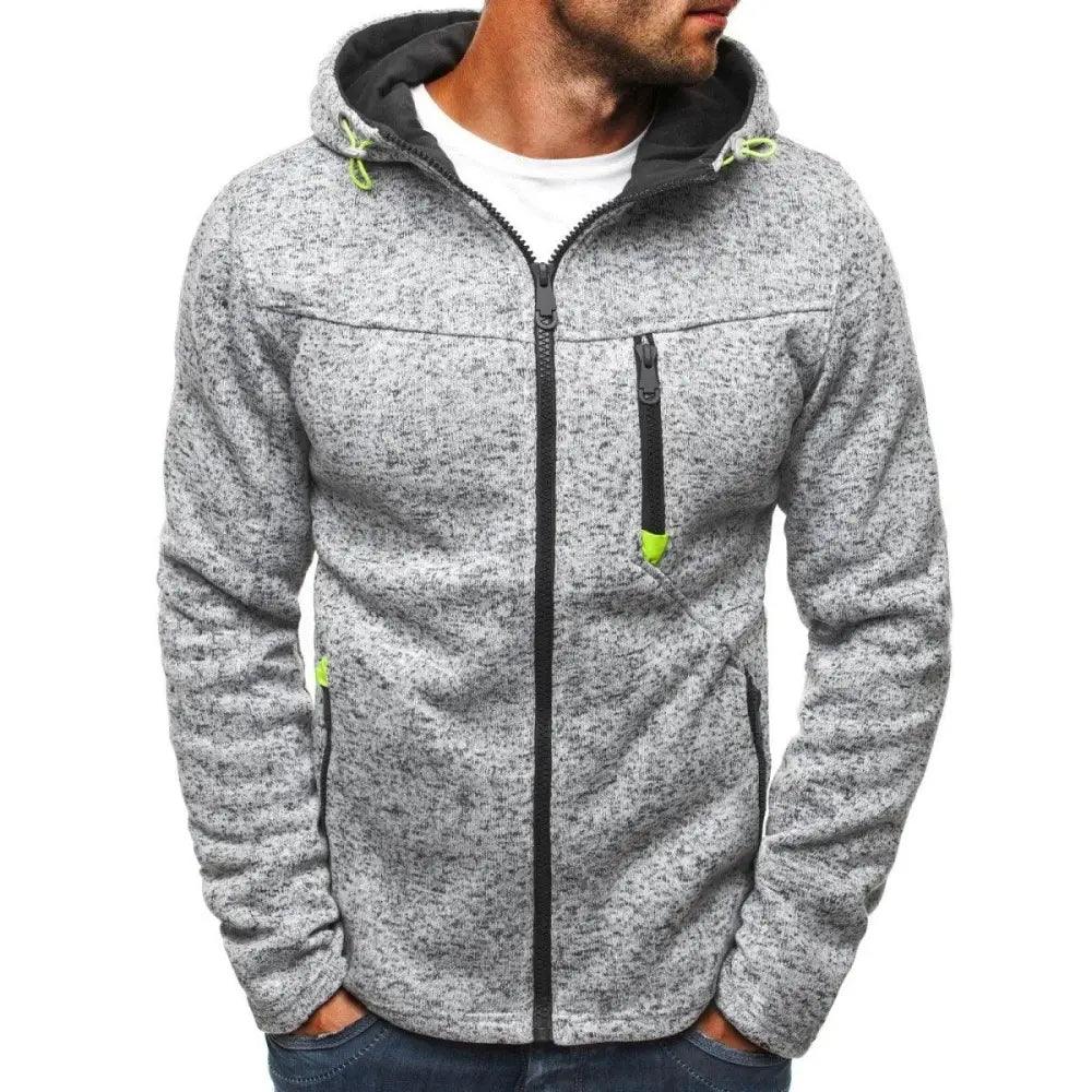 Stevvex men's grey heather fleece hoodie jacket with neon lime zipper pulls and chest pocket on Tampa Home & Garden Store